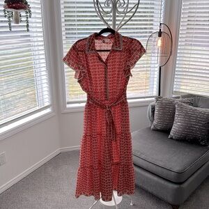 Strawberry, floral pattern flutter sleeve midi dress.